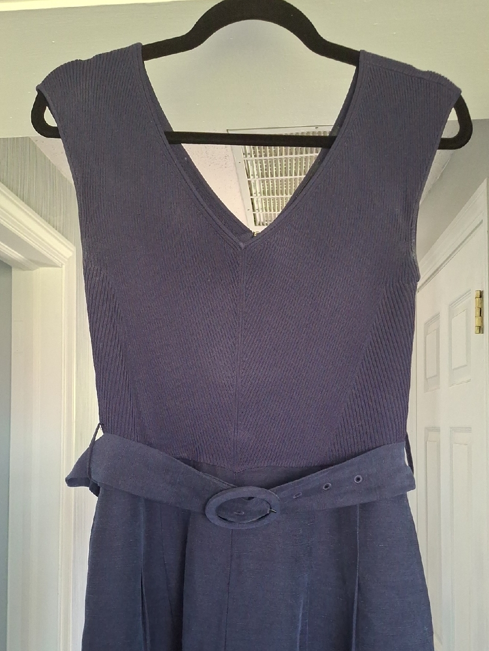 Ted Baker Navy Ribbed V-Neck Wide-Leg Jumpsuit with Self-Tie Belt